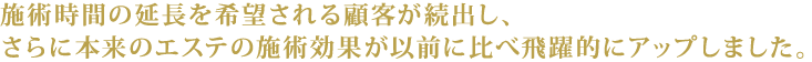 施術時間の延長を希望される顧客が続出し、さらに本来のエステの施術効果が以前に比べ飛躍的にアップしました。